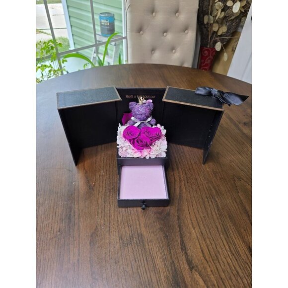 Luxury Black Gift Box With Purple Teddy Bear Preserved Roses & Decorative Flower - Picture 4 of 14